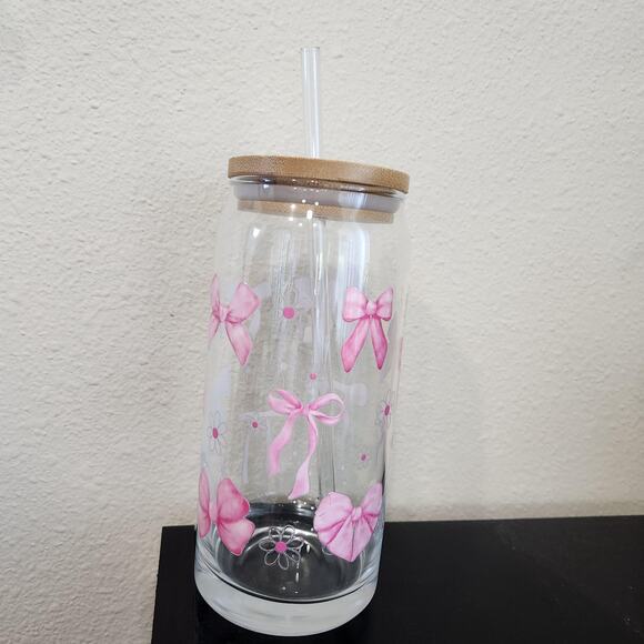 Coquette Pink Bow Daisy Flowers 20 oz Glass Tumbler Cup Girly Cute Coffee Matcha - Picture 3 of 5